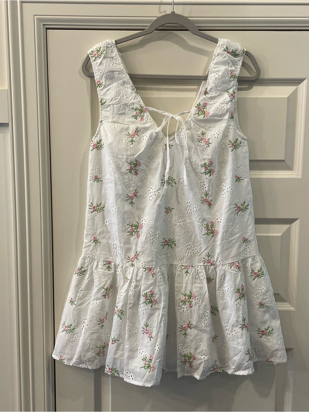 Olivaceous White Eyelet Mini Dress with Pink & Green Floral Embroidery